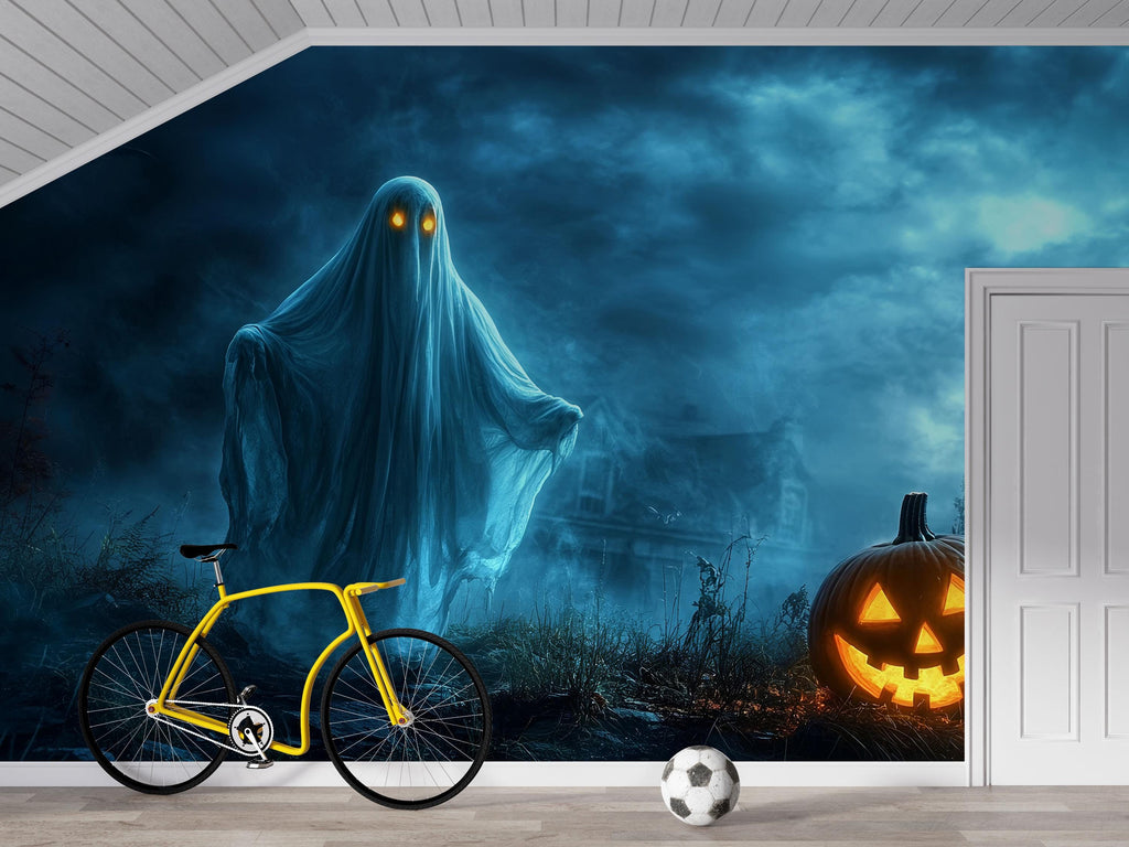 Ghost & Pumpkin 3D Halloween Wallpaper – Haunted Field Wall Mural with Glowing Jack-O’-Lantern and Floating Ghost – Spooky Bedroom