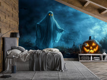 Load image into Gallery viewer, Ghost &amp; Pumpkin 3D Halloween Wallpaper – Haunted Field Wall Mural with Glowing Jack-O’-Lantern and Floating Ghost – Spooky Bedroom