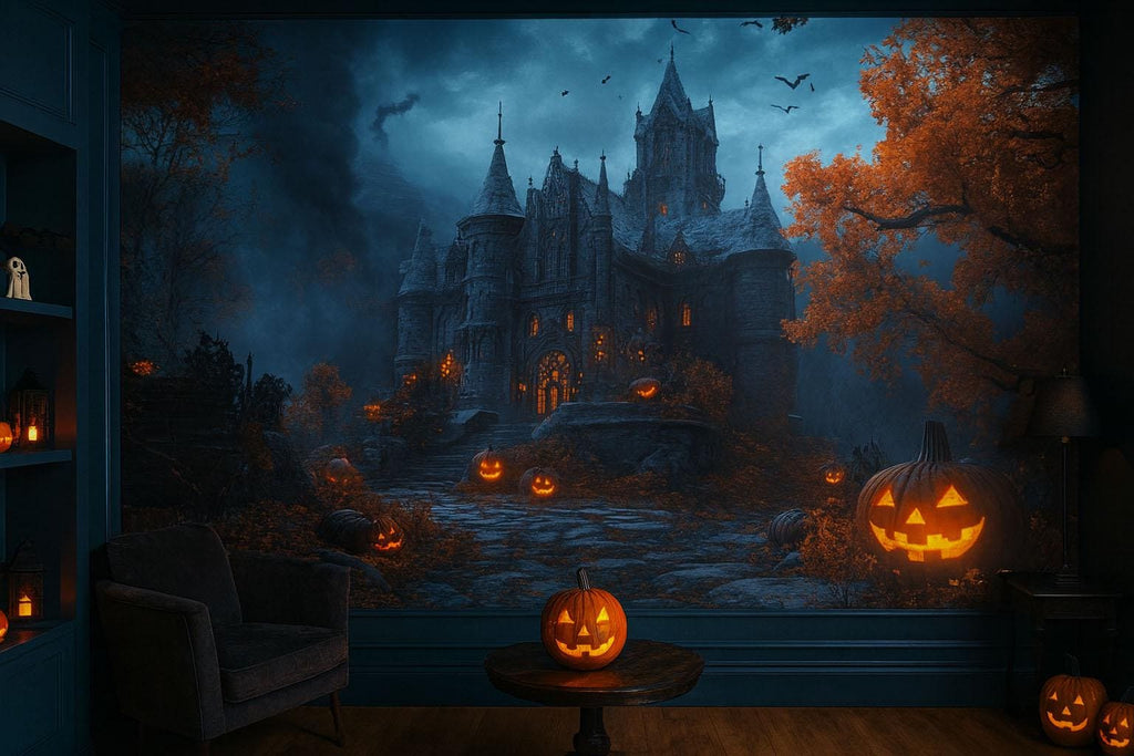 Gothic Castle Halloween 3D Wallpaper – Haunted Mansion Wall Mural with Glowing Jack-O’-Lanterns – Spooky Fall Bedroom or Retail Decor
