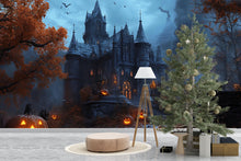Load image into Gallery viewer, Gothic Castle Halloween 3D Wallpaper – Haunted Mansion Wall Mural with Glowing Jack-O’-Lanterns – Spooky Fall Bedroom or Retail Decor