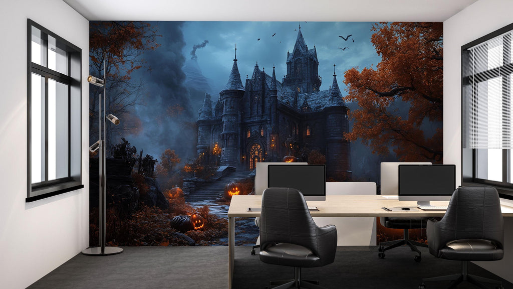 Gothic Castle Halloween 3D Wallpaper – Haunted Mansion Wall Mural with Glowing Jack-O’-Lanterns – Spooky Fall Bedroom or Retail Decor