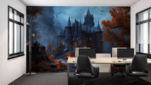 Load image into Gallery viewer, Gothic Castle Halloween 3D Wallpaper – Haunted Mansion Wall Mural with Glowing Jack-O’-Lanterns – Spooky Fall Bedroom or Retail Decor