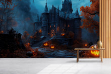 Load image into Gallery viewer, Gothic Castle Halloween 3D Wallpaper – Haunted Mansion Wall Mural with Glowing Jack-O’-Lanterns – Spooky Fall Bedroom or Retail Decor