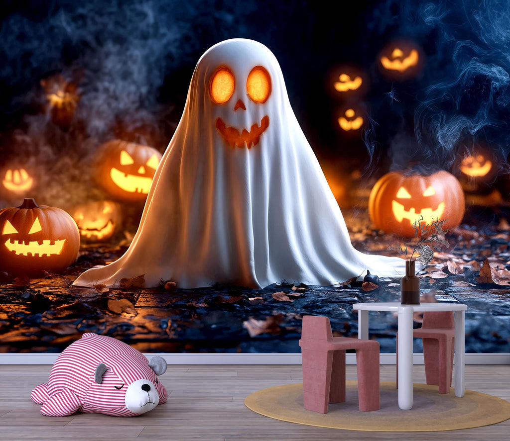 Cute Ghost & Pumpkin 3D Halloween Wallpaper – Smiling Glow-In-The-Dark Ghost Wall Mural for Kids Room, Party Decor or Playful Holiday