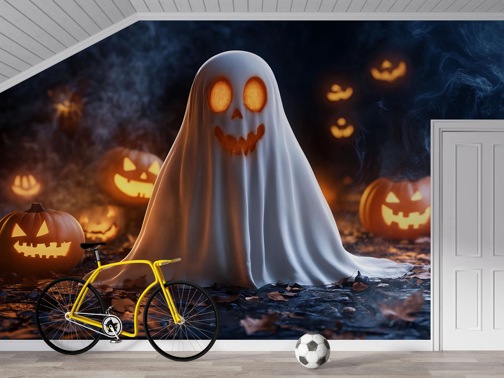 Cute Ghost & Pumpkin 3D Halloween Wallpaper – Smiling Glow-In-The-Dark Ghost Wall Mural for Kids Room, Party Decor or Playful Holiday