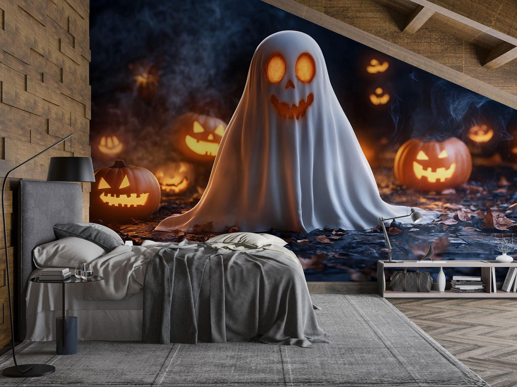 Cute Ghost & Pumpkin 3D Halloween Wallpaper – Smiling Glow-In-The-Dark Ghost Wall Mural for Kids Room, Party Decor or Playful Holiday