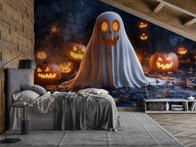 Load image into Gallery viewer, Cute Ghost &amp; Pumpkin 3D Halloween Wallpaper – Smiling Glow-In-The-Dark Ghost Wall Mural for Kids Room, Party Decor or Playful Holiday