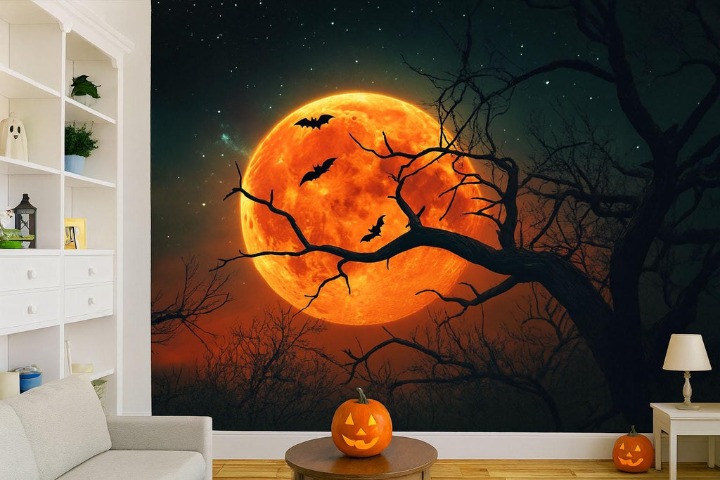 Blood Moon Bats 3D Halloween Wallpaper – Spooky Full Moon Wall Mural with Flying Bats and Dark Forest Silhouette – Stylish Gothic Fall Decor
