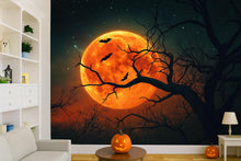 Load image into Gallery viewer, Blood Moon Bats 3D Halloween Wallpaper – Spooky Full Moon Wall Mural with Flying Bats and Dark Forest Silhouette – Stylish Gothic Fall Decor