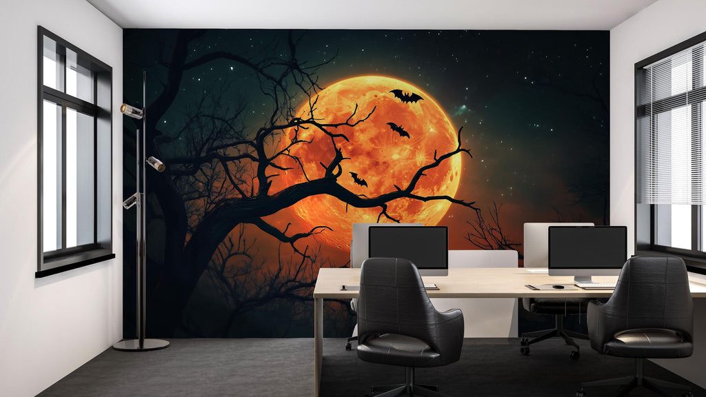 Blood Moon Bats 3D Halloween Wallpaper – Spooky Full Moon Wall Mural with Flying Bats and Dark Forest Silhouette – Stylish Gothic Fall Decor