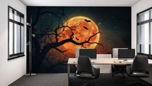 Load image into Gallery viewer, Blood Moon Bats 3D Halloween Wallpaper – Spooky Full Moon Wall Mural with Flying Bats and Dark Forest Silhouette – Stylish Gothic Fall Decor