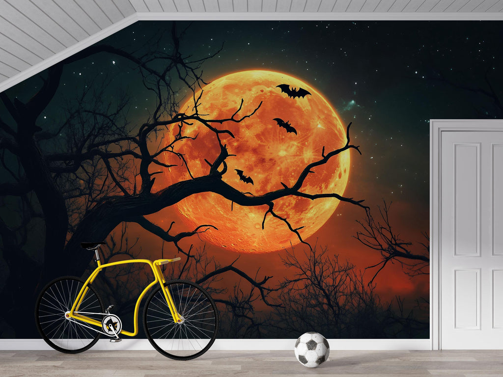 Blood Moon Bats 3D Halloween Wallpaper – Spooky Full Moon Wall Mural with Flying Bats and Dark Forest Silhouette – Stylish Gothic Fall Decor
