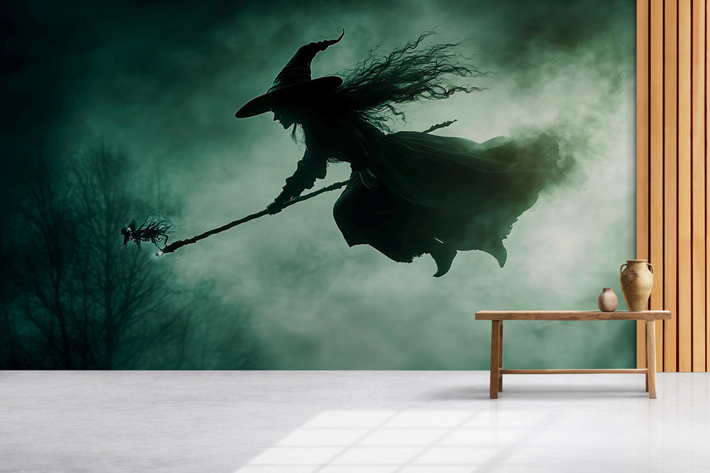 Dark Flying Witch 3D Halloween Wallpaper – Spooky Silhouette Wall Mural with Fog and Forest Shadows – Gothic Holiday Decor for Bedroom