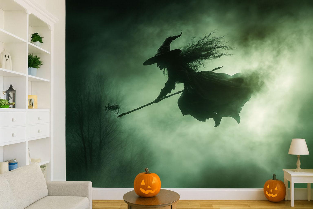Dark Flying Witch 3D Halloween Wallpaper – Spooky Silhouette Wall Mural with Fog and Forest Shadows – Gothic Holiday Decor for Bedroom