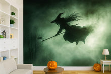 Load image into Gallery viewer, Dark Flying Witch 3D Halloween Wallpaper – Spooky Silhouette Wall Mural with Fog and Forest Shadows – Gothic Holiday Decor for Bedroom