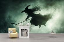 Load image into Gallery viewer, Dark Flying Witch 3D Halloween Wallpaper – Spooky Silhouette Wall Mural with Fog and Forest Shadows – Gothic Holiday Decor for Bedroom