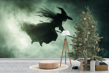 Load image into Gallery viewer, Dark Flying Witch 3D Halloween Wallpaper – Spooky Silhouette Wall Mural with Fog and Forest Shadows – Gothic Holiday Decor for Bedroom