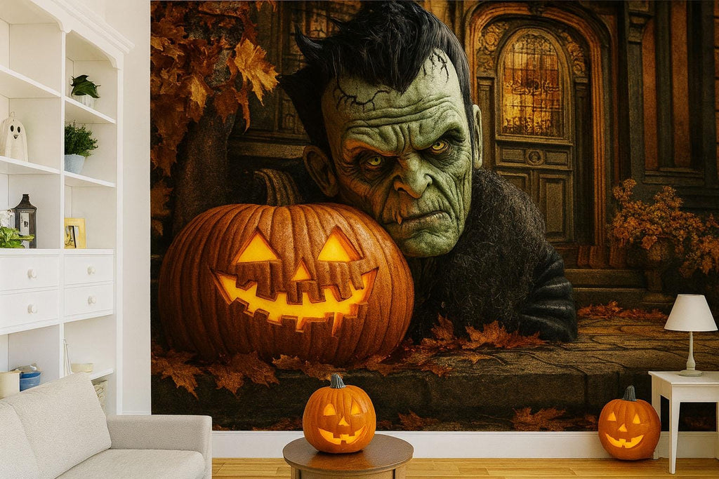 Frankenstein Halloween Wallpaper – 3D Jack-O’-Lantern Wall Mural Featuring Retro Monster with Glowing Pumpkin – Bold Spooky Fall Decor