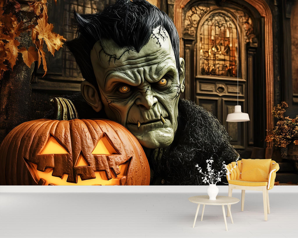 Frankenstein Halloween Wallpaper – 3D Jack-O’-Lantern Wall Mural Featuring Retro Monster with Glowing Pumpkin – Bold Spooky Fall Decor
