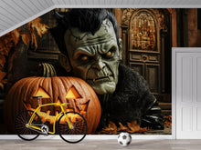 Load image into Gallery viewer, Frankenstein Halloween Wallpaper – 3D Jack-O’-Lantern Wall Mural Featuring Retro Monster with Glowing Pumpkin – Bold Spooky Fall Decor