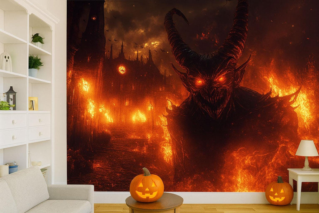 Demon Halloween Wallpaper – 3D Dark Fantasy Wall Mural with Fire & Monster Face – Bold Gothic Hellscape Art for Office, Studio