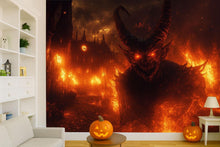 Load image into Gallery viewer, Demon Halloween Wallpaper – 3D Dark Fantasy Wall Mural with Fire &amp; Monster Face – Bold Gothic Hellscape Art for Office, Studio