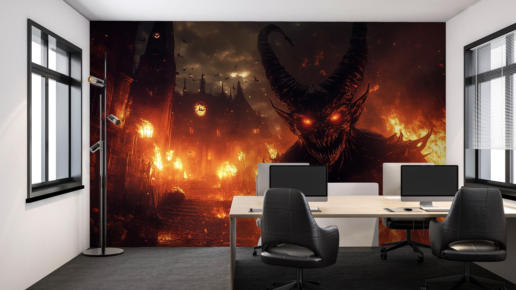 Demon Halloween Wallpaper – 3D Dark Fantasy Wall Mural with Fire & Monster Face – Bold Gothic Hellscape Art for Office, Studio