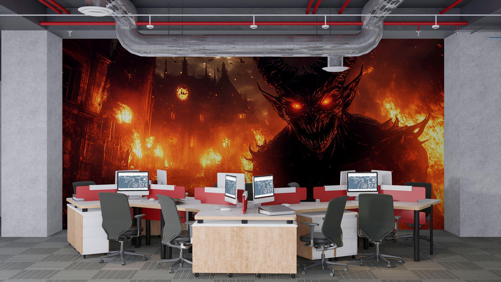 Demon Halloween Wallpaper – 3D Dark Fantasy Wall Mural with Fire & Monster Face – Bold Gothic Hellscape Art for Office, Studio