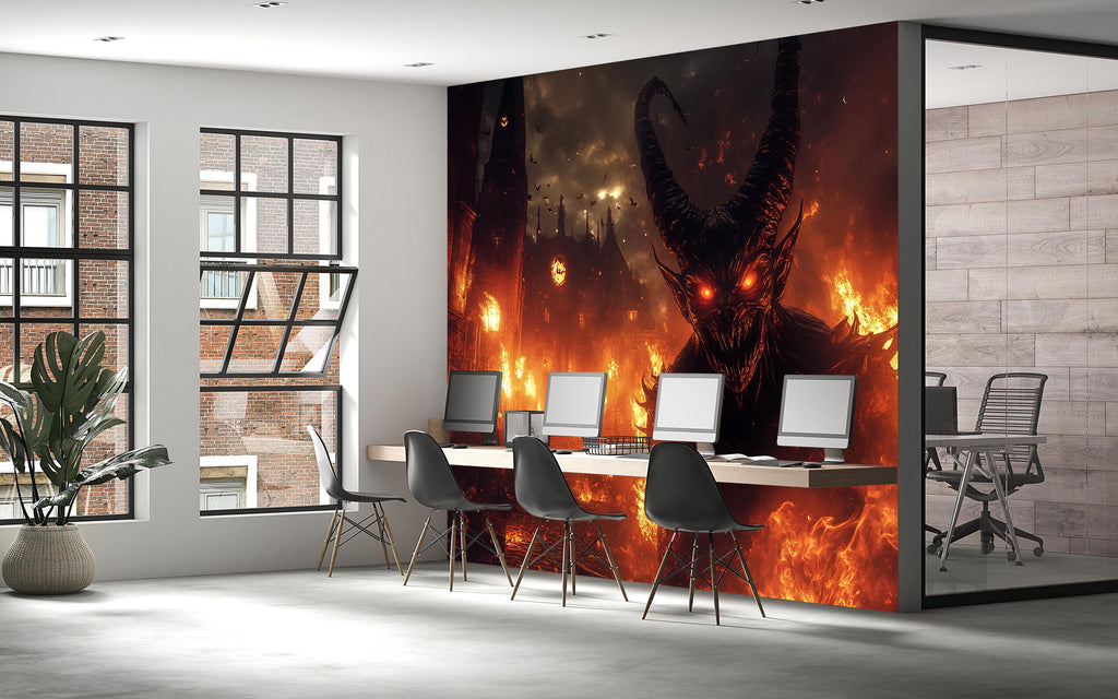 Demon Halloween Wallpaper – 3D Dark Fantasy Wall Mural with Fire & Monster Face – Bold Gothic Hellscape Art for Office, Studio