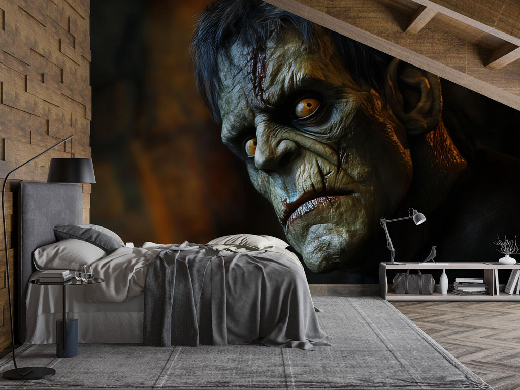 Frankenstein Monster Wallpaper – 3D Halloween Wall Mural with Scary Face Close-Up – Creepy Gothic Bedroom or Horror Decor for Haunted House