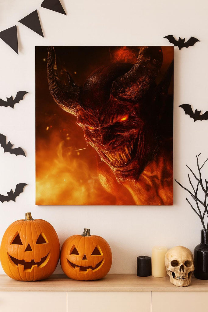 Demon Face 3D Wallpaper – Fiery Hell Wall Mural with Scary Monster for Game Room, Halloween Decor, Gothic Bedroom or Horror Gift – Epic Dark