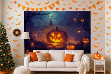 Load image into Gallery viewer, Pumpkin Castle Halloween Wallpaper – Cozy Spooky Wall Mural for Kids Room, Living Room, or Holiday Party Decor – 3D Jack-o'-Lantern Night