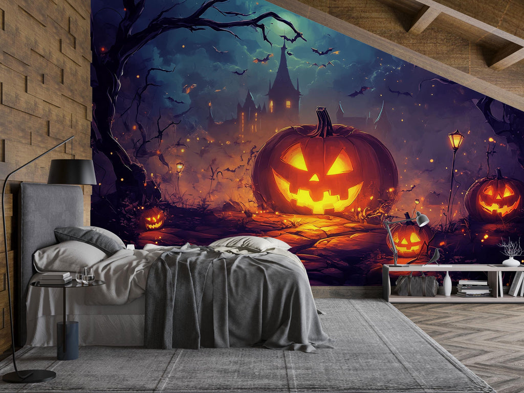 Pumpkin Castle Halloween Wallpaper – Cozy Spooky Wall Mural for Kids Room, Living Room, or Holiday Party Decor – 3D Jack-o'-Lantern Night