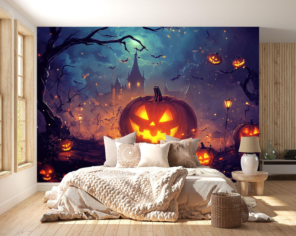 Pumpkin Castle Halloween Wallpaper – Cozy Spooky Wall Mural for Kids Room, Living Room, or Holiday Party Decor – 3D Jack-o'-Lantern Night