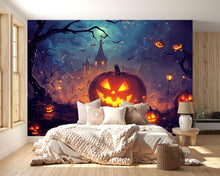 Load image into Gallery viewer, Pumpkin Castle Halloween Wallpaper – Cozy Spooky Wall Mural for Kids Room, Living Room, or Holiday Party Decor – 3D Jack-o'-Lantern Night