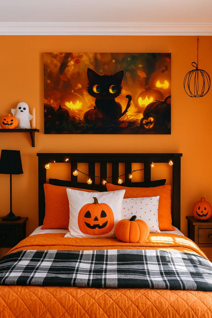 Cute Halloween Black Cat Wallpaper – Glowing Jack-o'-Lanterns Fall Nursery Wall Mural – 3D Cozy Pumpkin Decor for Kids Room, Playroom