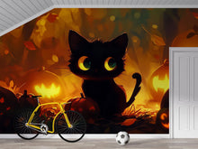 Load image into Gallery viewer, Cute Halloween Black Cat Wallpaper – Glowing Jack-o'-Lanterns Fall Nursery Wall Mural – 3D Cozy Pumpkin Decor for Kids Room, Playroom