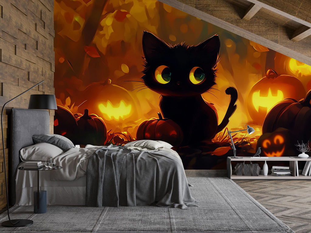 Cute Halloween Black Cat Wallpaper – Glowing Jack-o'-Lanterns Fall Nursery Wall Mural – 3D Cozy Pumpkin Decor for Kids Room, Playroom