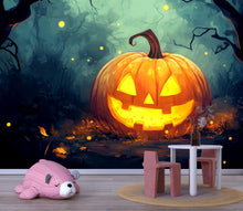 Load image into Gallery viewer, Smiling Jack-O’-Lantern Halloween Wallpaper – Cozy 3D Pumpkin Wall Mural for Fall Living Room Decor Stylish Spooky Interior Gift for Holiday