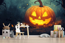 Load image into Gallery viewer, Smiling Jack-O’-Lantern Halloween Wallpaper – Cozy 3D Pumpkin Wall Mural for Fall Living Room Decor Stylish Spooky Interior Gift for Holiday
