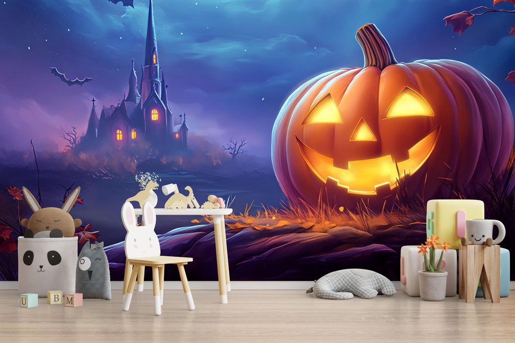 Giant Pumpkin & Haunted Castle Halloween Wallpaper – 3D Spooky Jack-O’-Lantern Wall Mural for Bedroom or Living Room – Stylish Holiday Decor