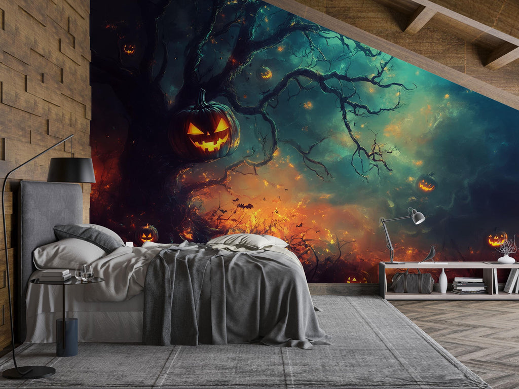 Dark Forest Halloween Wallpaper With Glowing Pumpkins & Flying Bat – 3D Jack-O’-Lantern Wall Mural For Office, Home, Party Backdrop