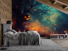 Load image into Gallery viewer, Dark Forest Halloween Wallpaper With Glowing Pumpkins &amp; Flying Bat – 3D Jack-O’-Lantern Wall Mural For Office, Home, Party Backdrop