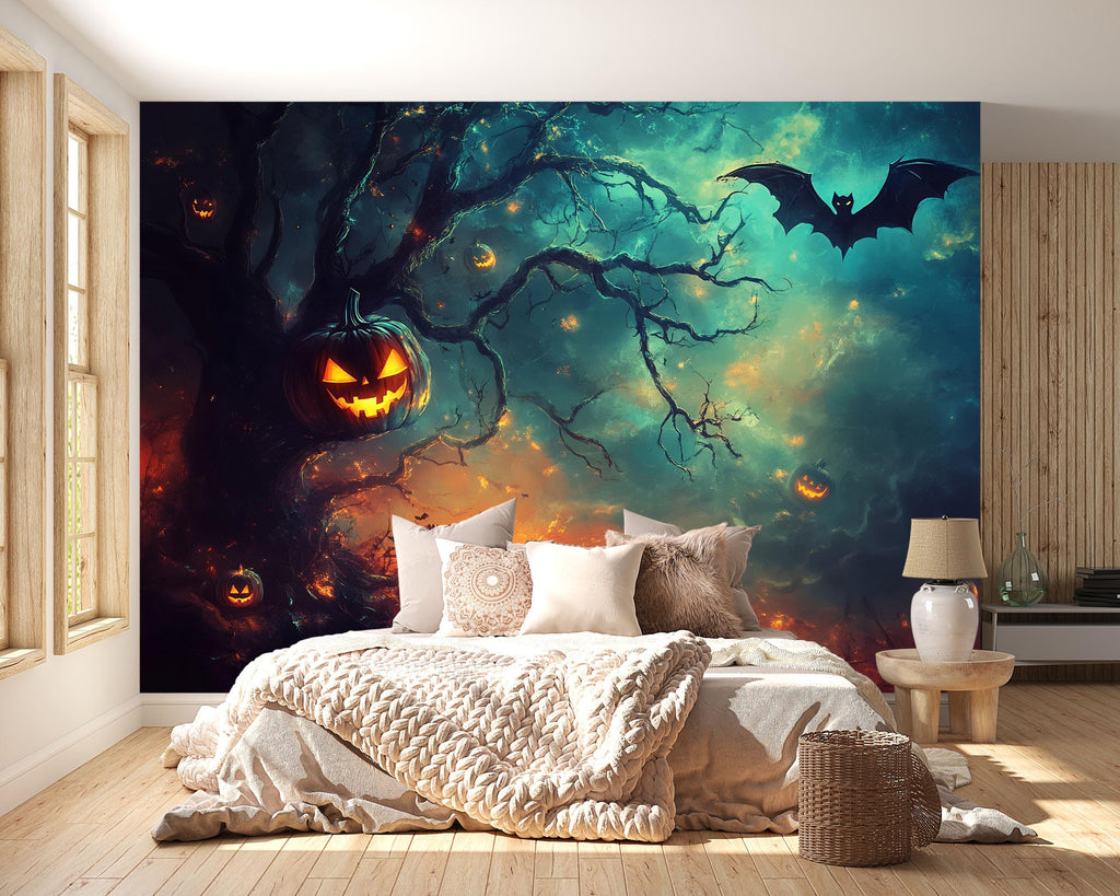 Dark Forest Halloween Wallpaper With Glowing Pumpkins & Flying Bat – 3D Jack-O’-Lantern Wall Mural For Office, Home, Party Backdrop