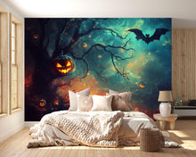 Load image into Gallery viewer, Dark Forest Halloween Wallpaper With Glowing Pumpkins &amp; Flying Bat – 3D Jack-O’-Lantern Wall Mural For Office, Home, Party Backdrop