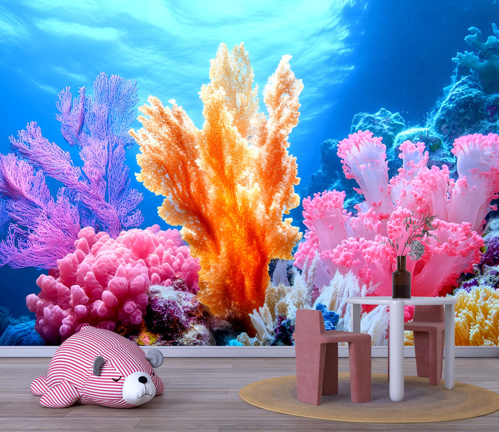 Colorful Coral Reef Wallpaper Underwater Ocean Scene Mural For Beach House Decor | 3D Coastal Nautical Wall Art | Marine Theme