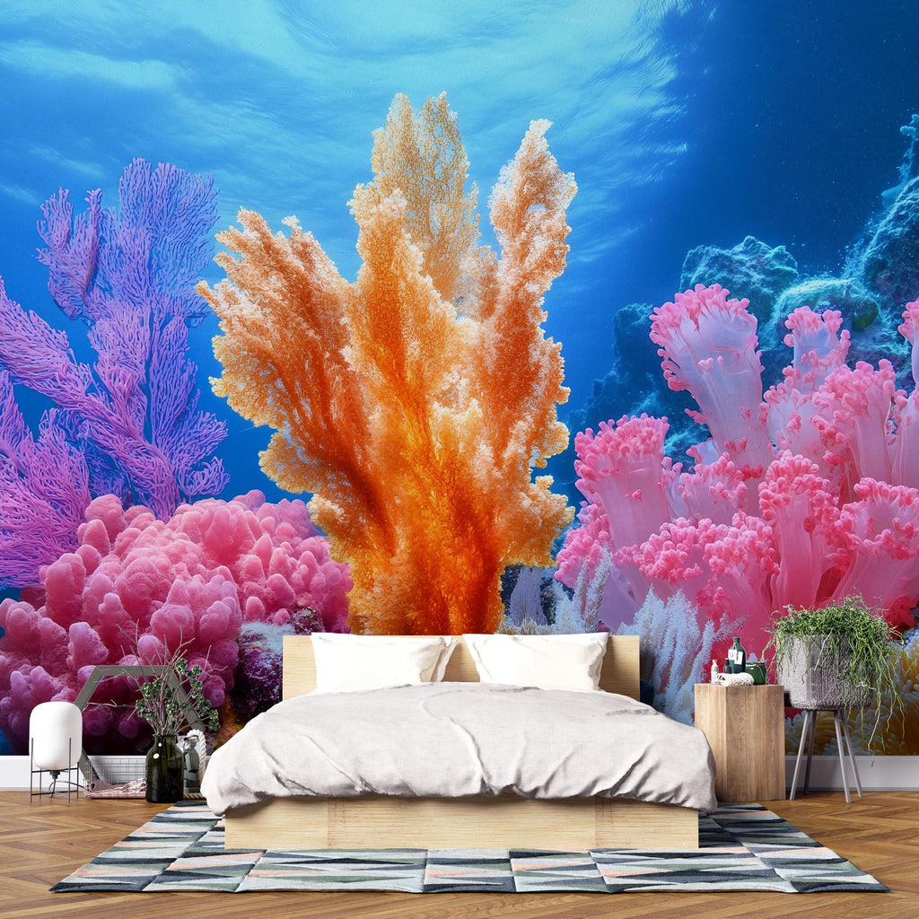 Colorful Coral Reef Wallpaper Underwater Ocean Scene Mural For Beach House Decor | 3D Coastal Nautical Wall Art | Marine Theme