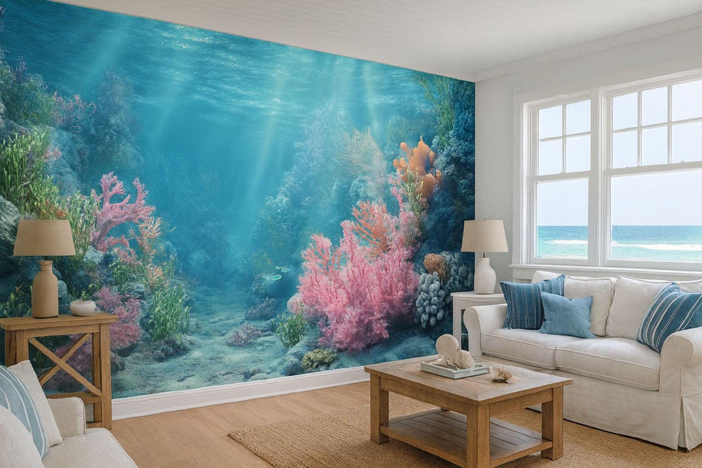 Realistic Underwater Coral Reef Wallpaper For Beach House | 3D Ocean Scene Wall Mural For Coastal Nautical Living Room Or Bedroom