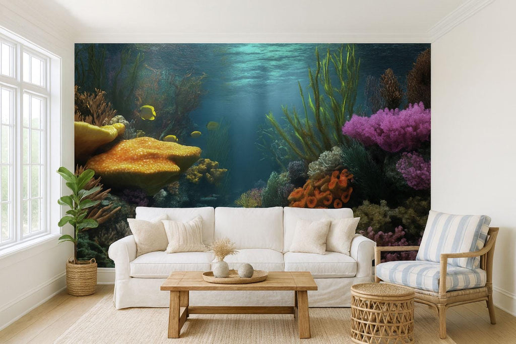 3D Underwater Coral Reef Wallpaper For Beach House Bedroom | Ocean Scene Mural With Colorful Sea Life | Tropical Nautical Wall Art