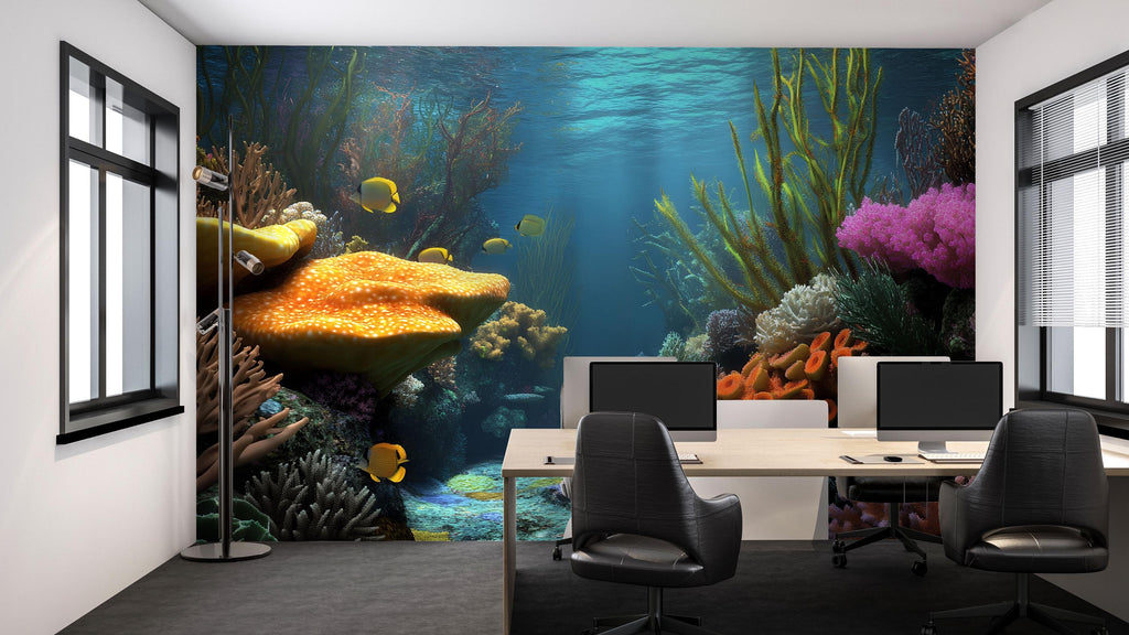 3D Underwater Coral Reef Wallpaper For Beach House Bedroom | Ocean Scene Mural With Colorful Sea Life | Tropical Nautical Wall Art
